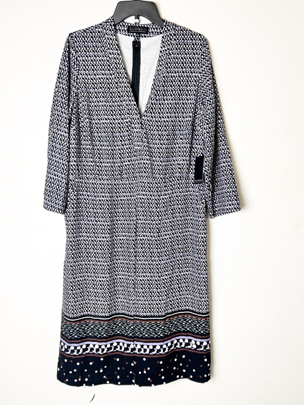 Eloquii Black & White Patterned V-Neck Midi Dress with Mixed-Hem Accents